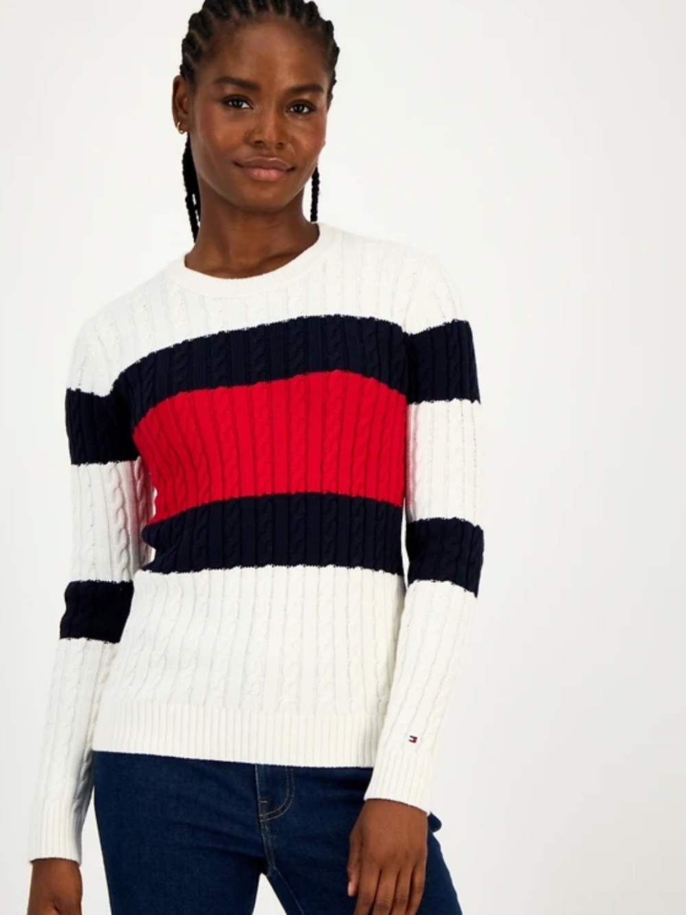 TOMMY HILFIGER Cable Knit Sweater XL Y2K Logo Preppy Fitted Crewneck Coastal